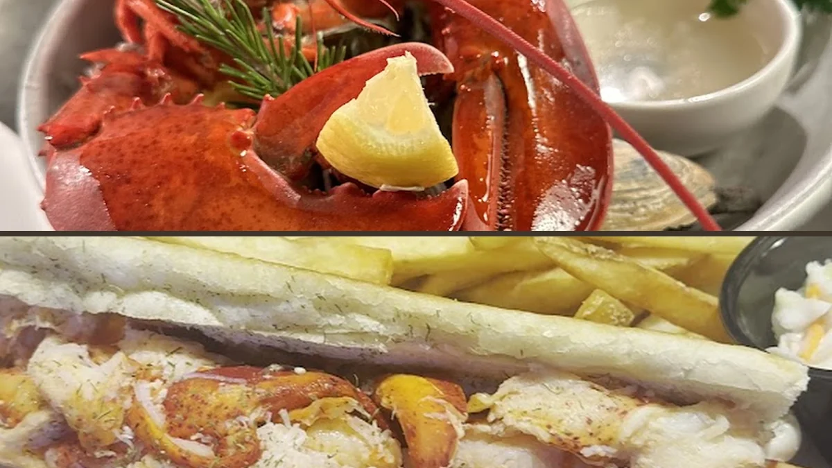 Seafood dishes on a casual restaurant table.