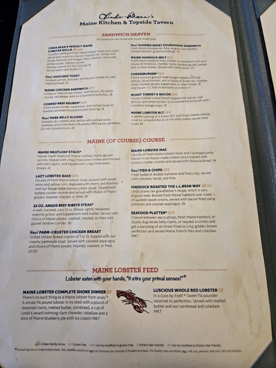 Restaurant menu showing Maine lobster dinner options.